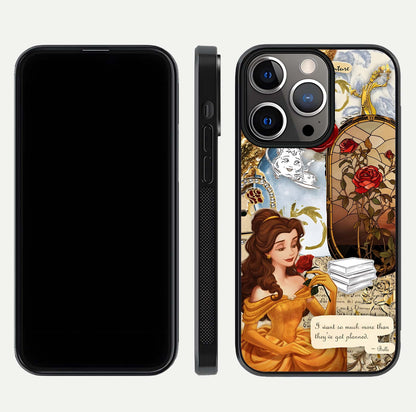 Golden Dream Belle Glass Case for iPhone 13 Pro front and back view layout displaying dreamy golden theme and smooth curvature