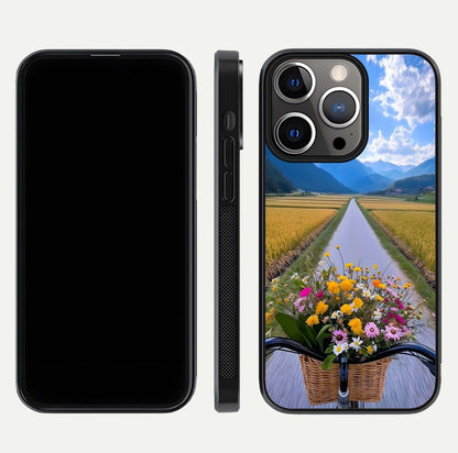 Golden Field Journey Glass Case for iPhone 13 Pro front and back view layout highlighting natural gradient and smooth glass finish