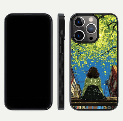 Golden Leaves Glow Glass Case for iPhone 13 Pro front and back view layout highlighting glowing tones and curved edges