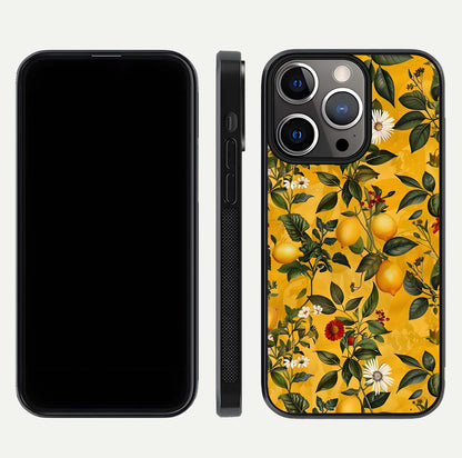 Golden Lemon Field Glass Case for iPhone 13 Pro front and back view layout highlighting fruity tones and curved glass edges