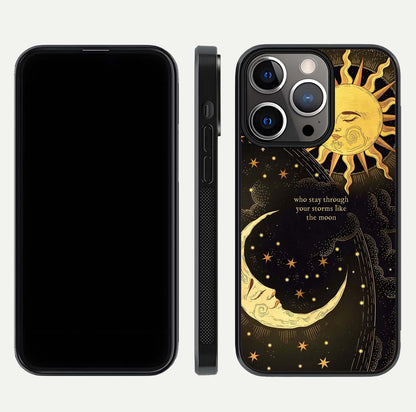 Golden Lunar Love Glass Case for iPhone 13 Pro front and back view layout highlighting celestial tones and curved edges