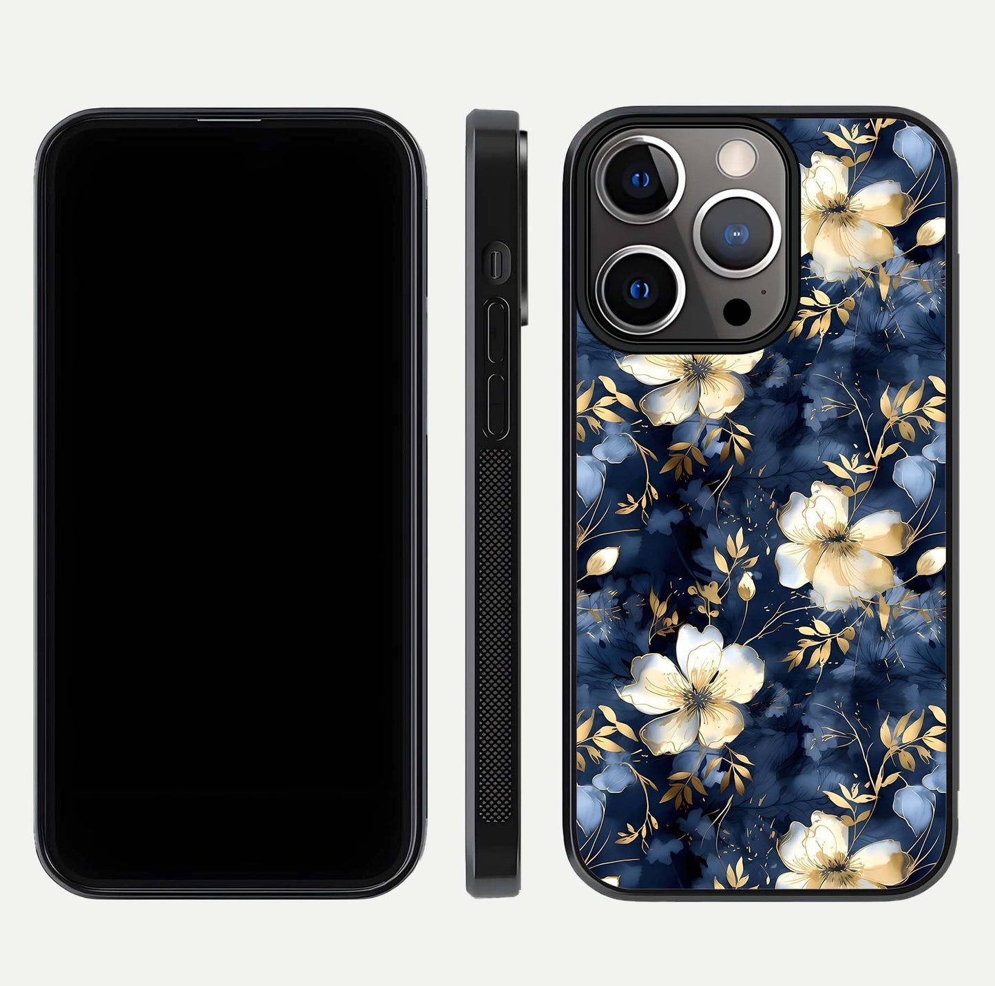 Golden Midnight Bloom Glass Case for iPhone 13 Pro front and back view layout highlighting dark-gold tones and smooth curves