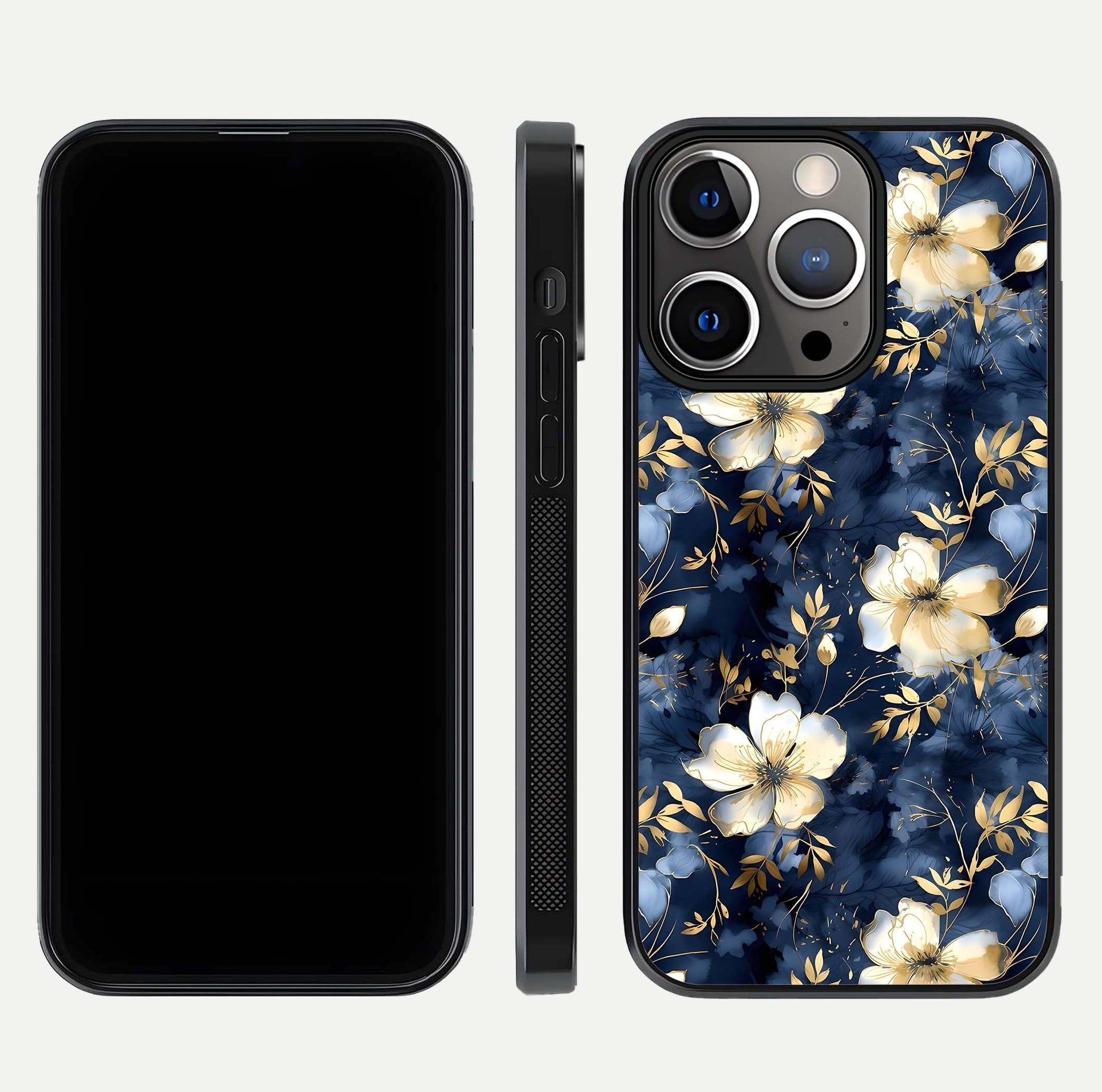 Golden Midnight Bloom Glass Case for iPhone 13 Pro front and back view layout highlighting dark-gold tones and smooth curves