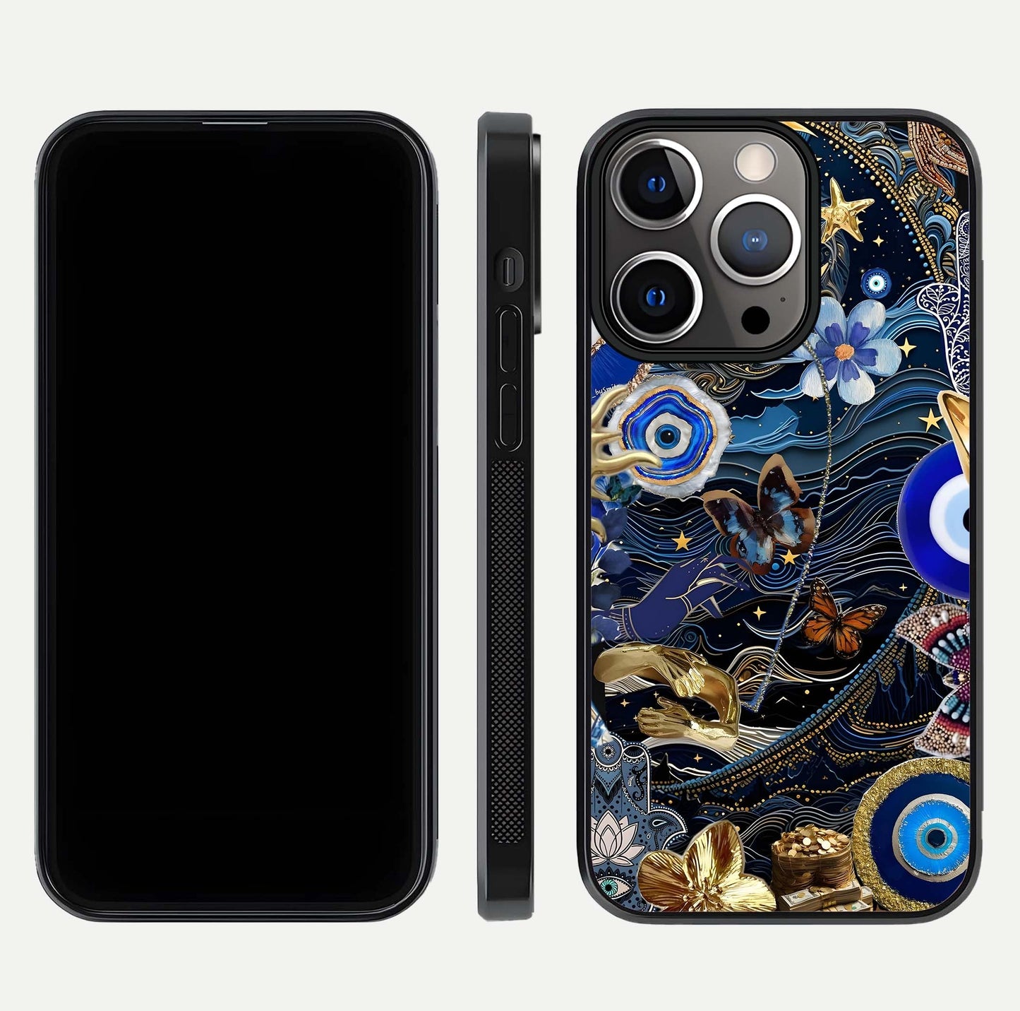Golden Moon Magic Glass Case for iPhone 13 Pro front and back view layout highlighting celestial tones and curved glass