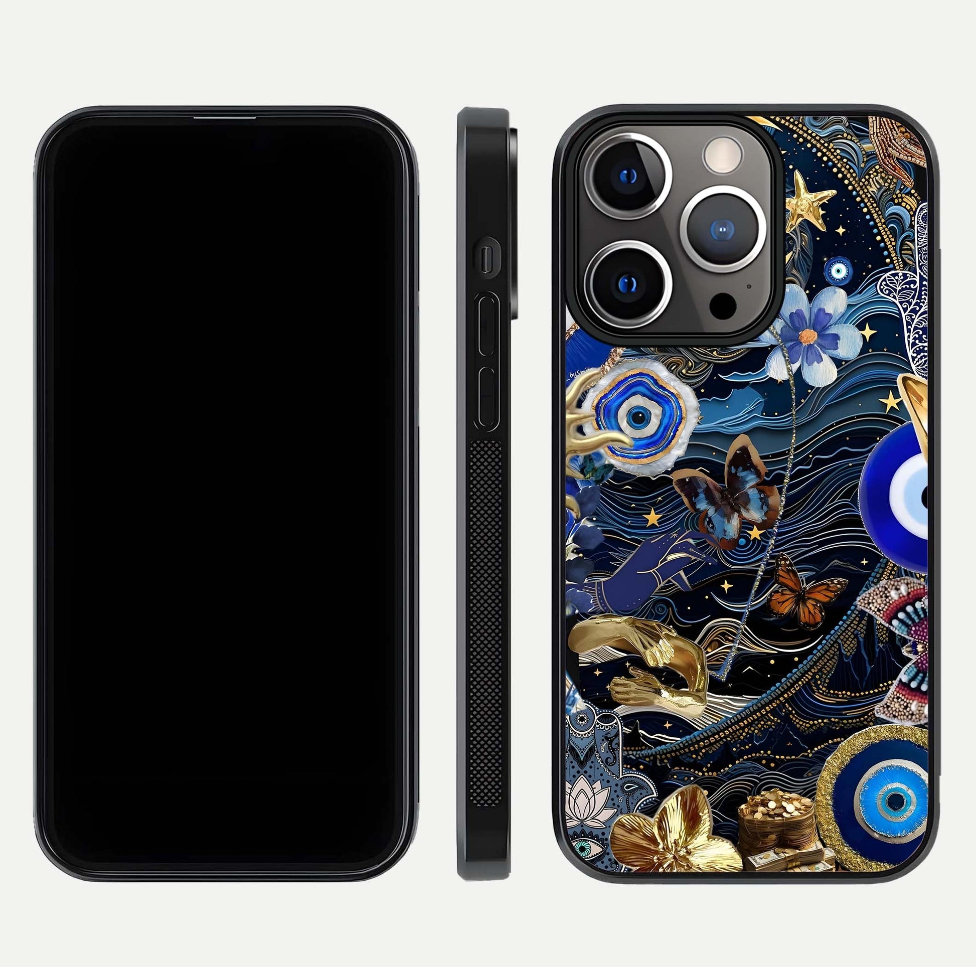 Golden Moon Magic Glass Case for iPhone 13 Pro front and back view layout highlighting celestial tones and curved glass