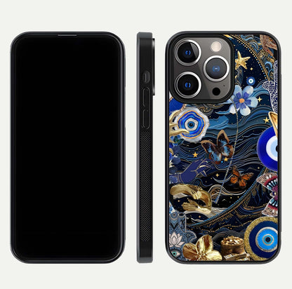 Golden Moon Magic Glass Case for iPhone 13 Pro front and back view layout highlighting celestial tones and curved glass