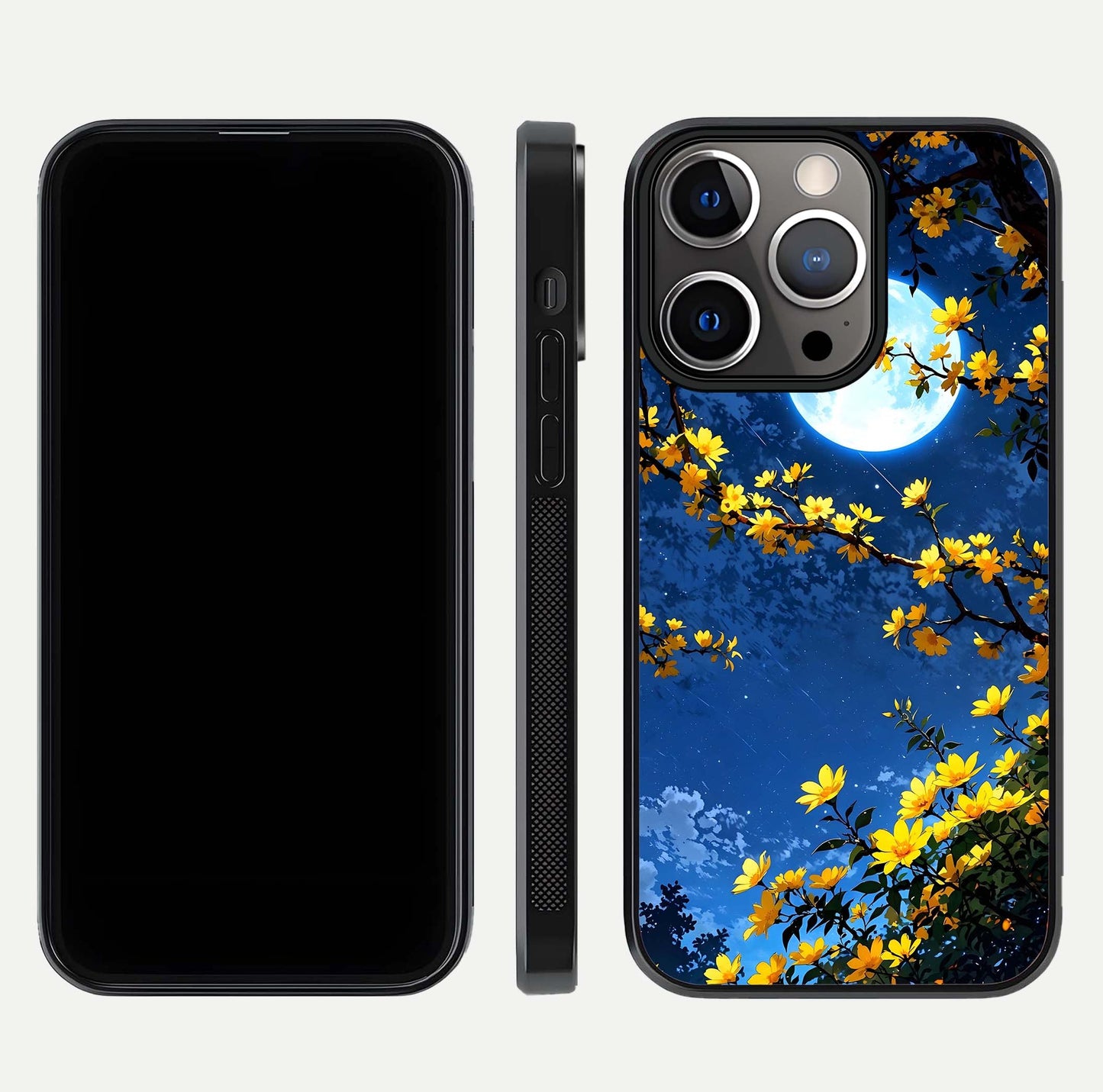 Golden Night Glow Glass Case for iPhone 13 Pro front and back view layout displaying metallic glow and curved glass edge