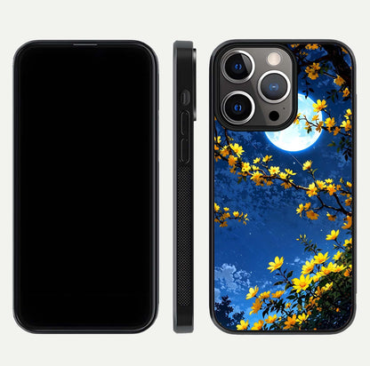 Golden Night Glow Glass Case for iPhone 13 Pro front and back view layout displaying metallic glow and curved glass edge