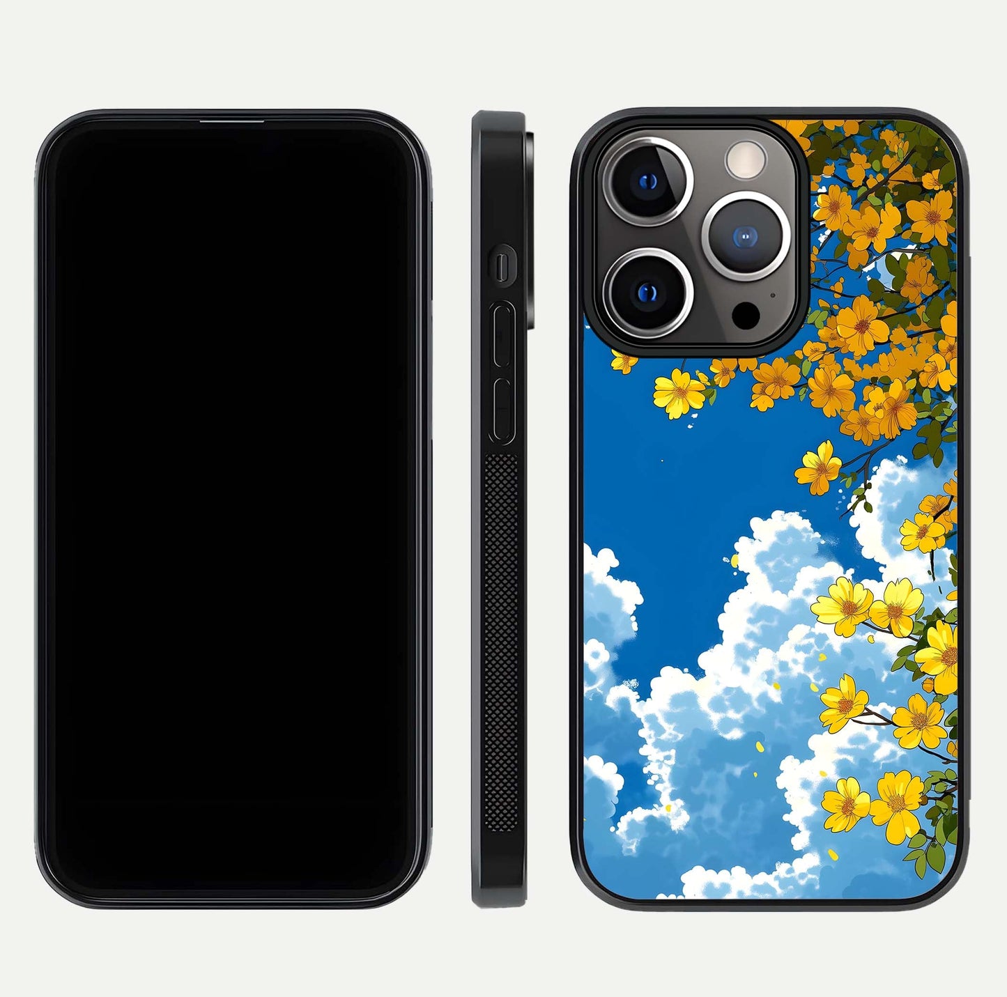 Golden Petal Sky Glass Case for iPhone 13 Pro front and back view layout highlighting floral pattern and curved glass edges