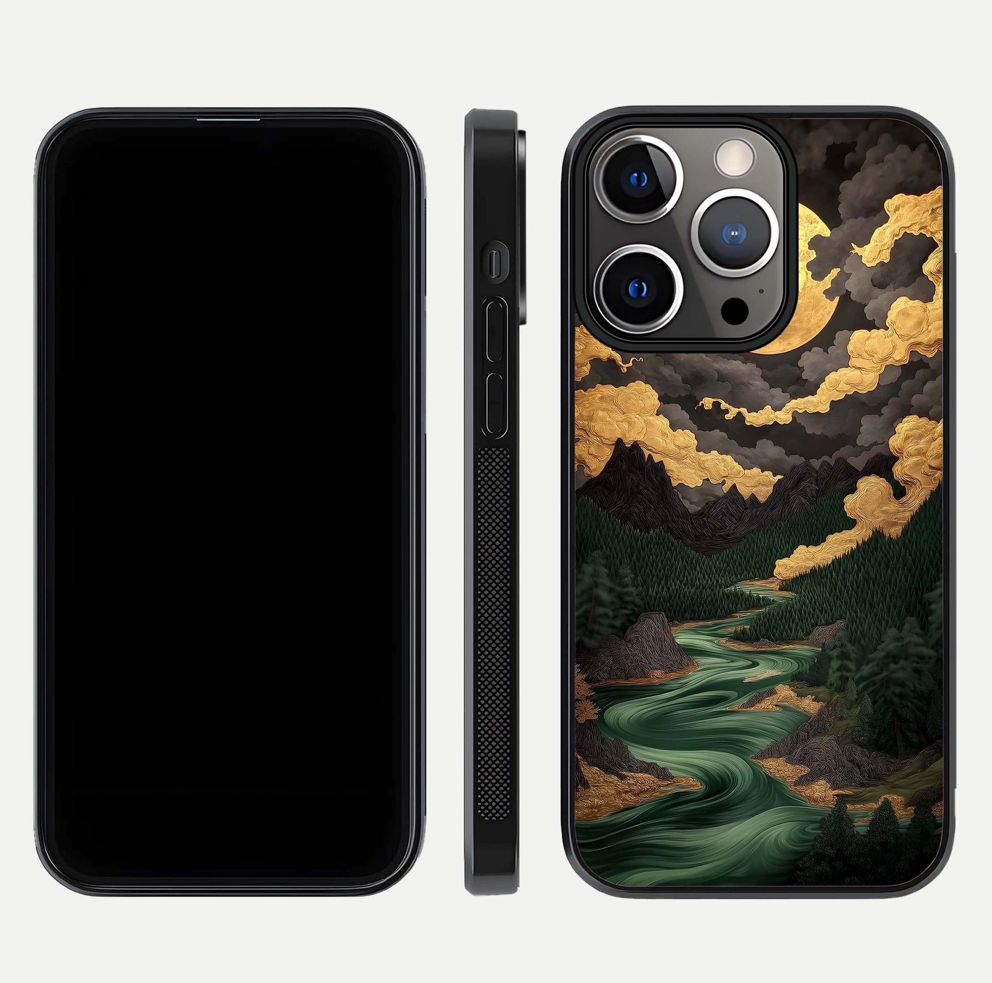 Golden River Moon Glass Case for iPhone 13 Pro front and back view layout displaying celestial glow and smooth curves