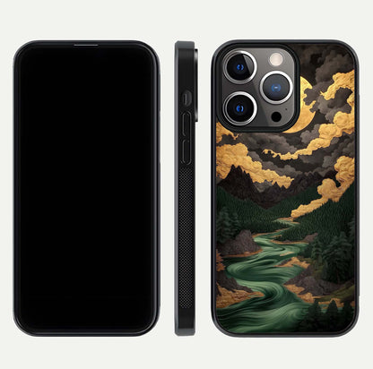 Golden River Moon Glass Case for iPhone 13 Pro front and back view layout displaying celestial glow and smooth curves
