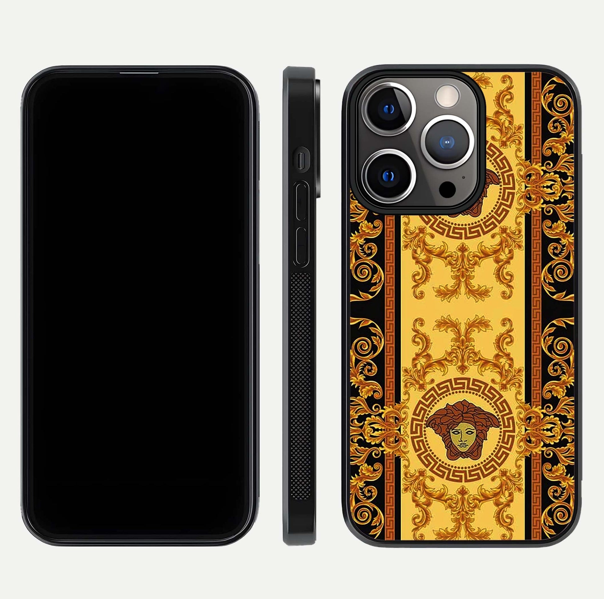 Golden Royal Heritage Glass Case for iPhone 13 Pro front and back view layout displaying ornate gold texture and curved edges
