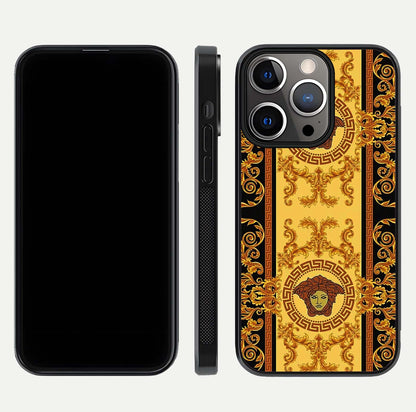 Golden Royal Heritage Glass Case for iPhone 13 Pro front and back view layout displaying ornate gold texture and curved edges