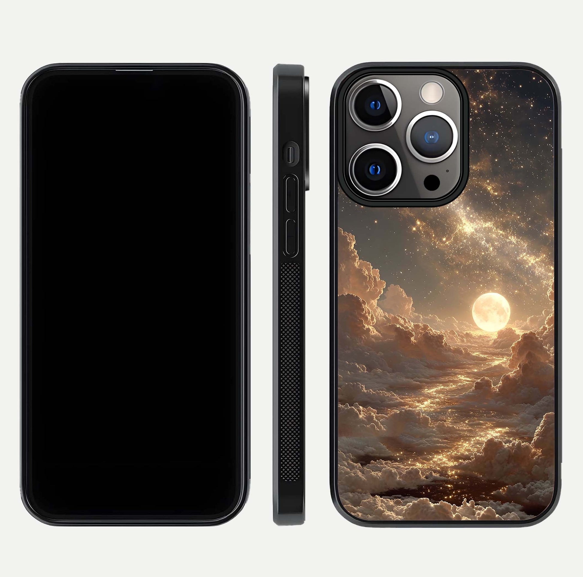Golden Sky Dream Glass Case for iPhone 13 Pro front and back view layout highlighting celestial gold hues and curved glass
