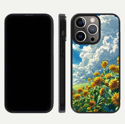Golden Sun Glory Glass Case for iPhone 13 Pro front and back view layout displaying bright golden tones and curved edges
