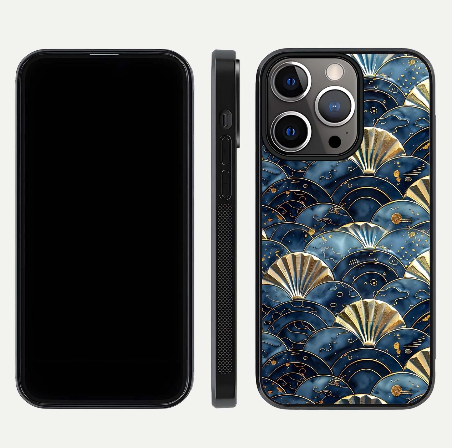 Golden Wave Luxe Glass Case for iPhone 13 Pro front and back view layout highlighting fluid gold design and curved glass