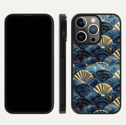 Golden Wave Luxe Glass Case for iPhone 13 Pro front and back view layout highlighting fluid gold design and curved glass