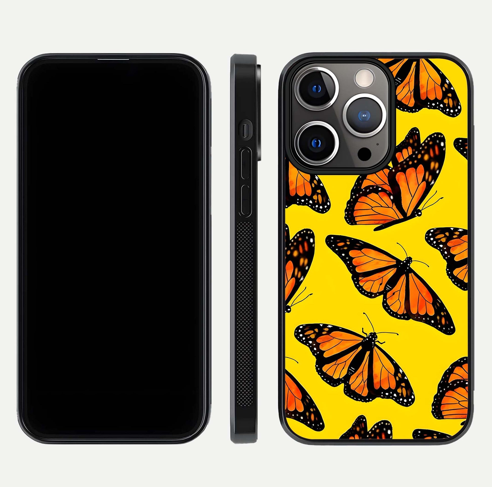 Golden Wing Flight Glass Case for iPhone 13 Pro front and back view layout highlighting graceful lines and curved glass