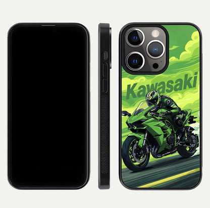 Green Kawasaki Glass Case for iPhone 13 Pro front and back view layout highlighting vivid green tones and curved glass edges