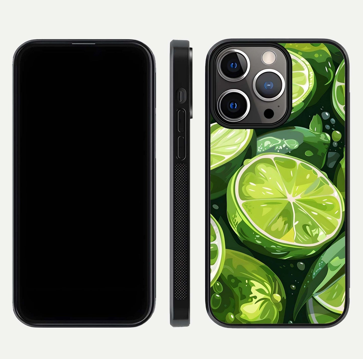 Green Lemon Glass Case for iPhone 13 Pro front and back view layout displaying vibrant yellow-green hues and smooth edges
