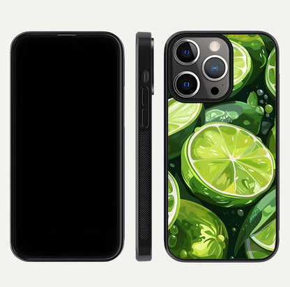 Green Lemon Glass Case for iPhone 13 Pro front and back view layout displaying vibrant yellow-green hues and smooth edges