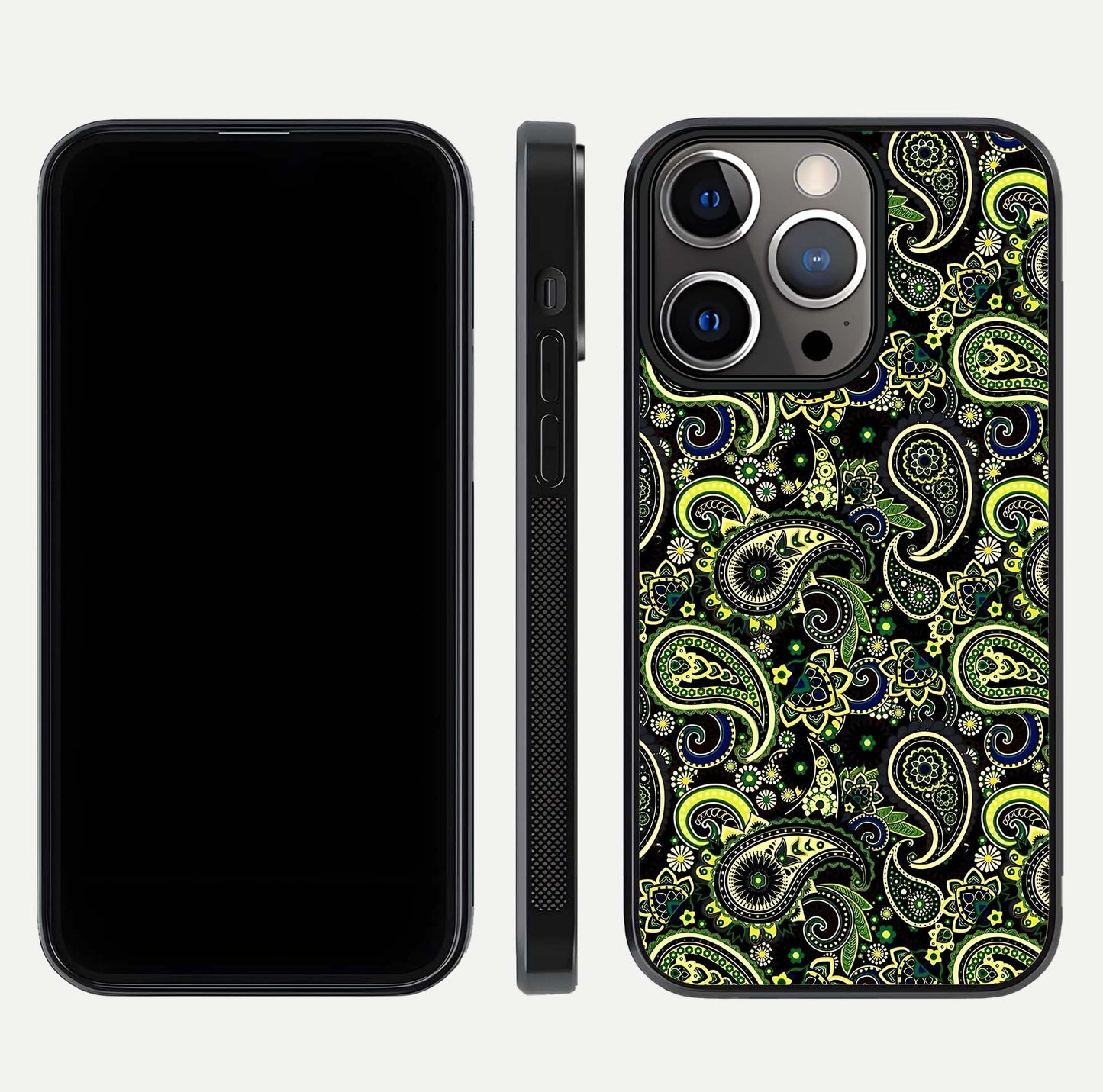 Green Mandala Pattern Glass Case for iPhone 13 Pro front and back view layout highlighting geometric art and curved glass