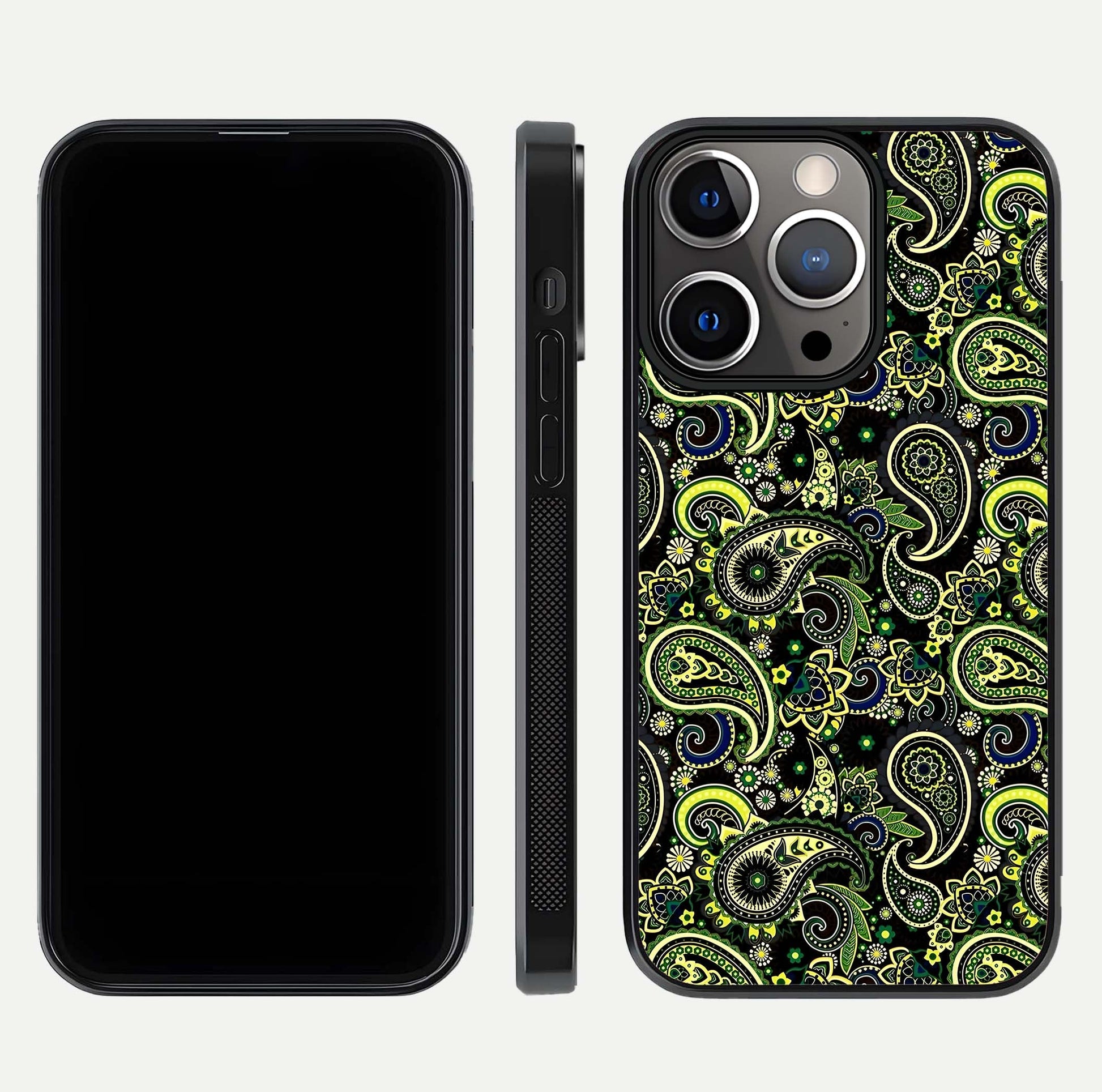 Green Mandala Pattern Glass Case for iPhone 13 Pro front and back view layout highlighting geometric art and curved glass