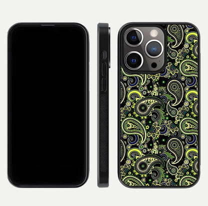 Green Mandala Pattern Glass Case for iPhone 13 Pro front and back view layout highlighting geometric art and curved glass