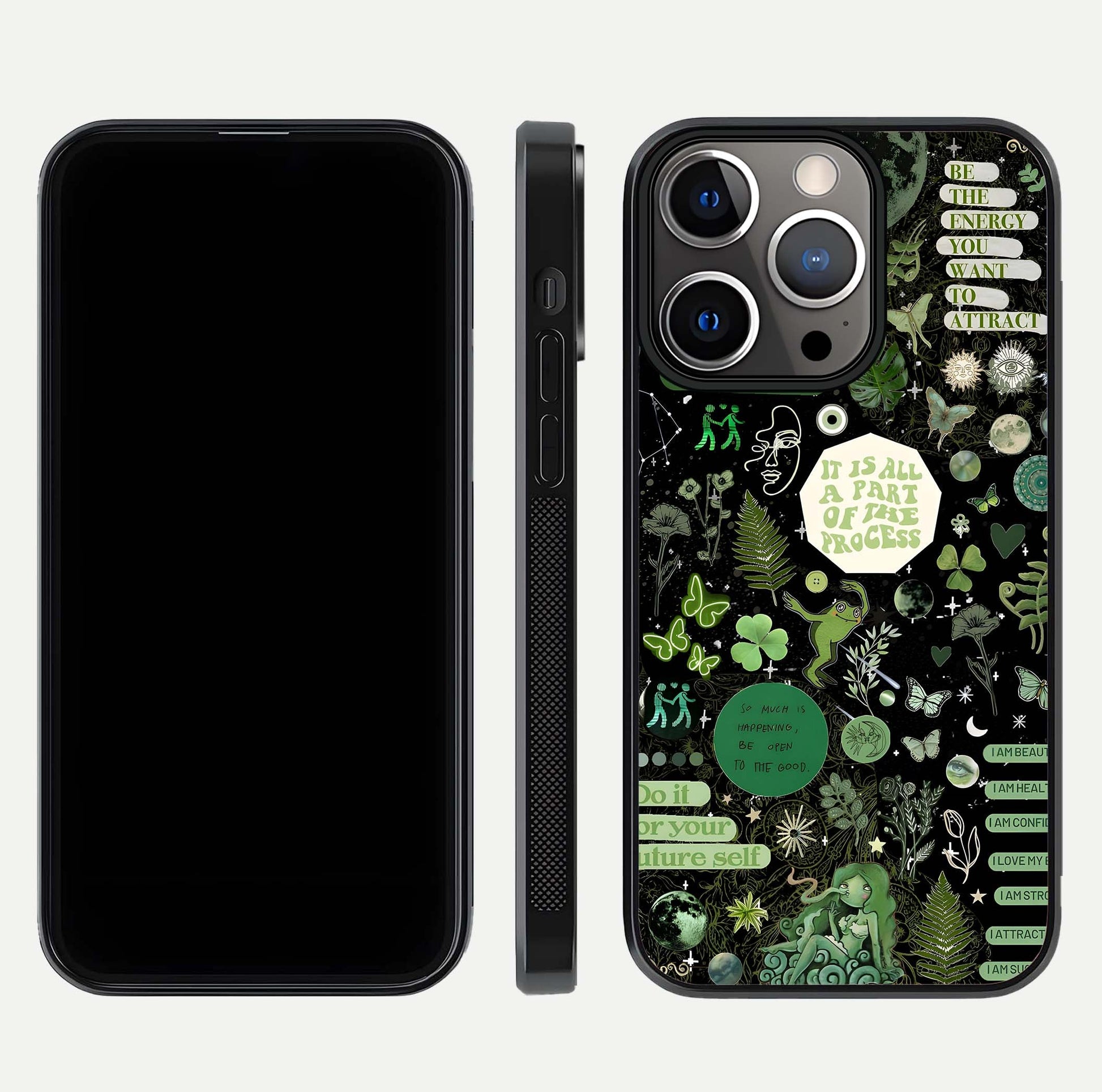 Green Moon Energy Glass Case for iPhone 13 Pro front and back view layout highlighting cosmic tones and smooth edges