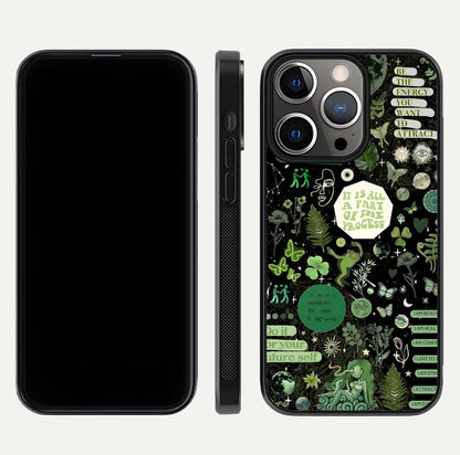 Green Moon Energy Glass Case for iPhone 13 Pro front and back view layout highlighting cosmic tones and smooth edges