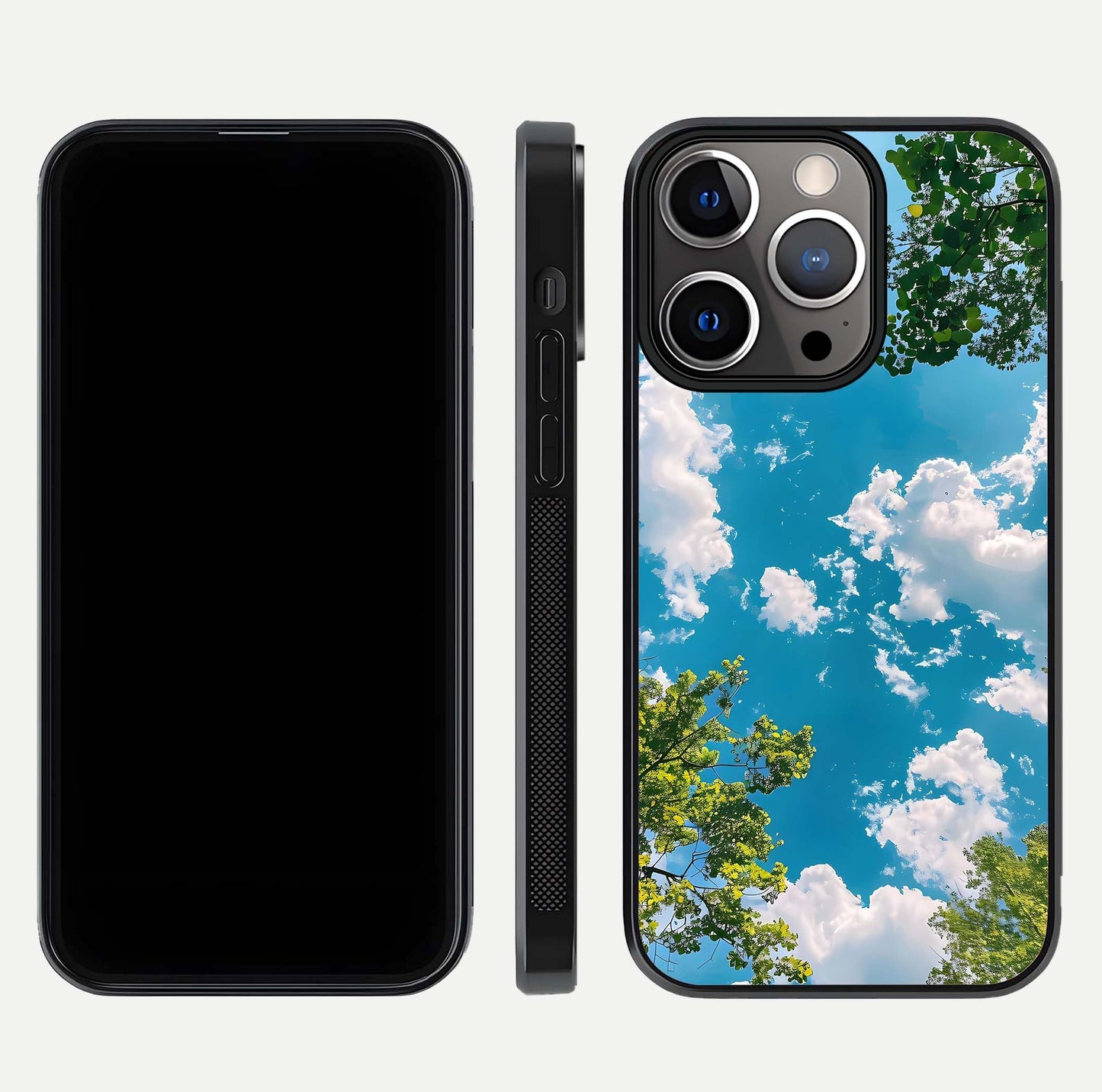 Greenery Sky Glass Case for iPhone 13 Pro front and back view layout displaying scenic green-blue gradient and curved edges
