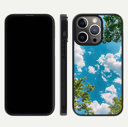 Greenery Sky Glass Case for iPhone 13 Pro front and back view layout displaying scenic green-blue gradient and curved edges