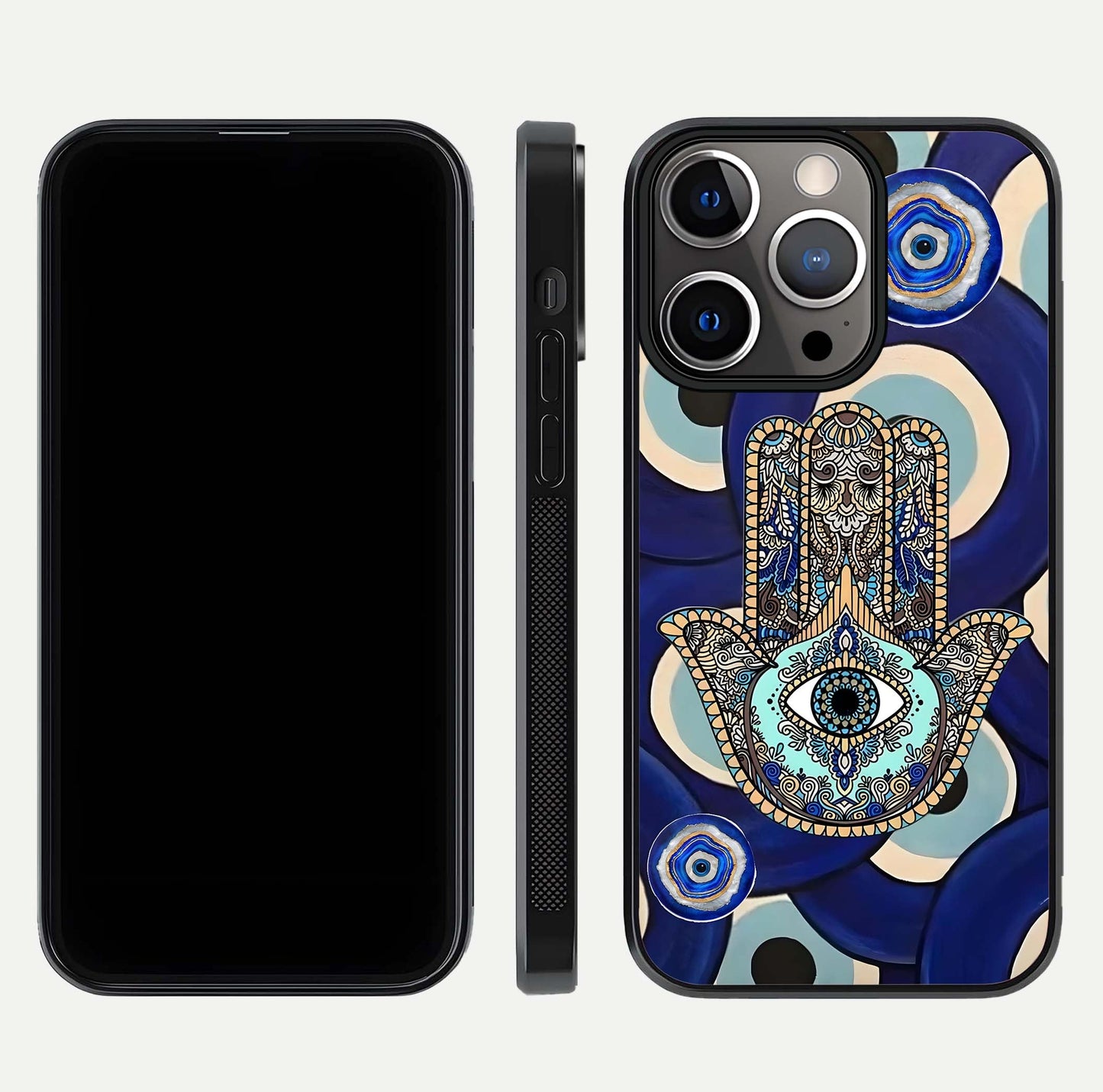 Hamsa Divine Guard Glass Case for iPhone 13 Pro front and back view layout highlighting spiritual artwork and smooth edges