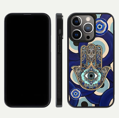 Hamsa Divine Guard Glass Case for iPhone 13 Pro front and back view layout highlighting spiritual artwork and smooth edges