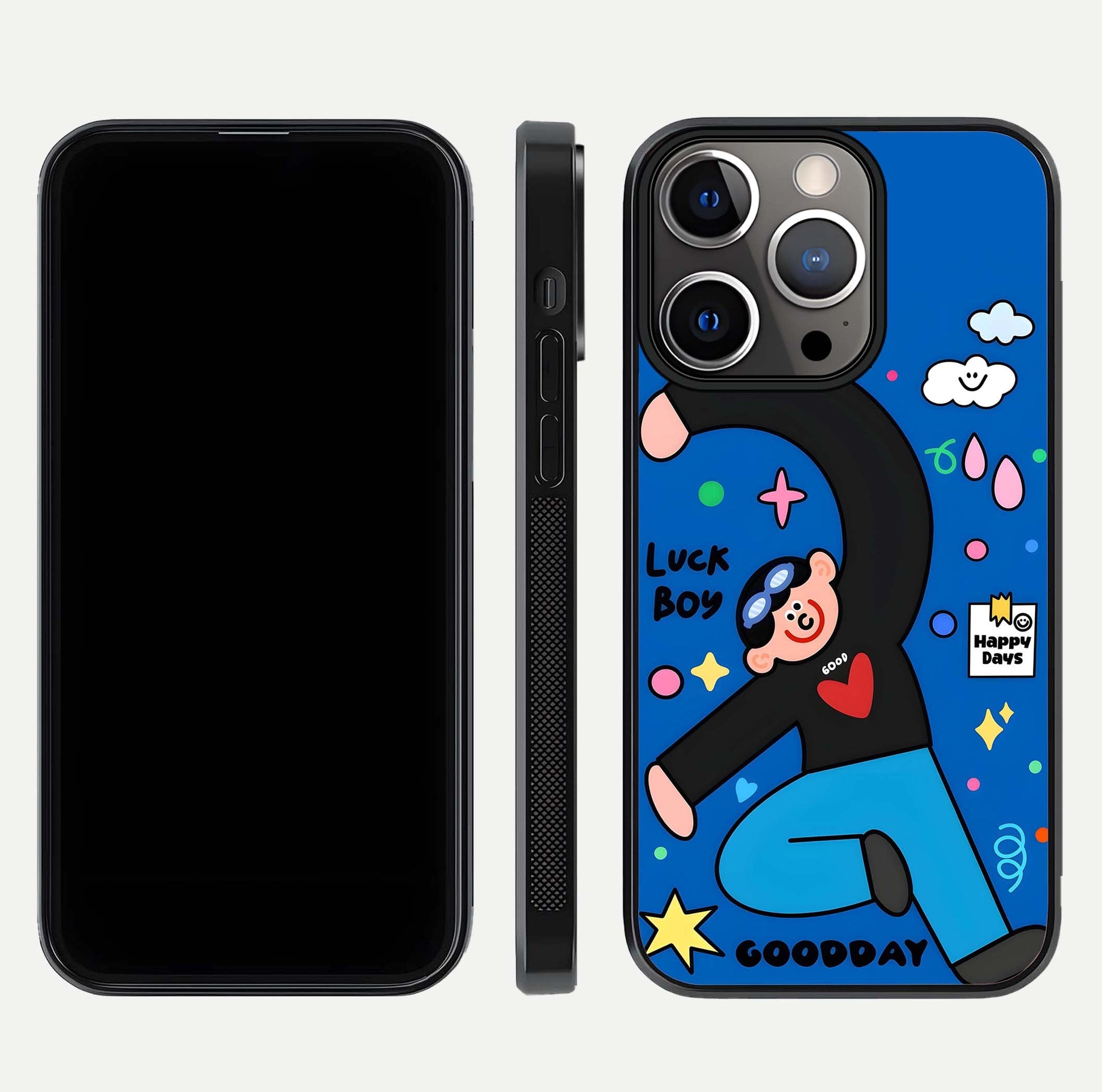 Happy Luck Vibe Glass Case for iPhone 13 Pro front and back view layout highlighting positive motif and curved edges