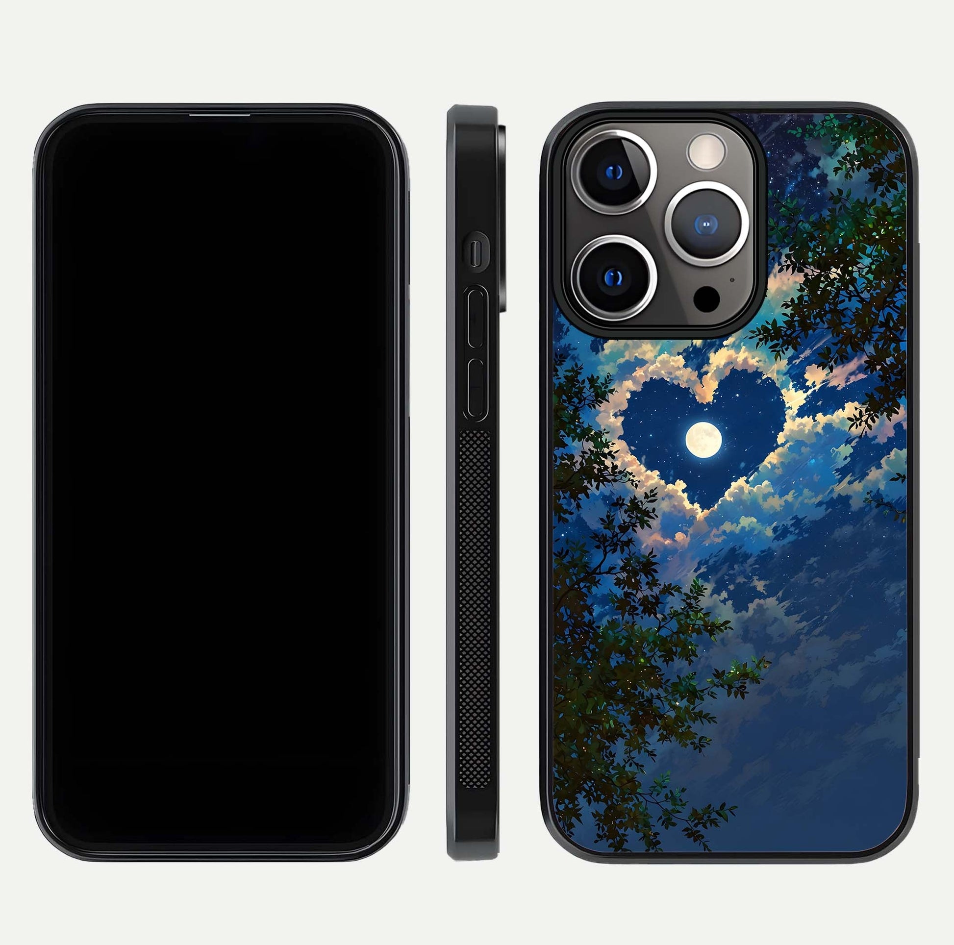 Heart with Moon Sky Glass Case for iPhone 13 Pro front and back view layout displaying celestial tones and curved glass