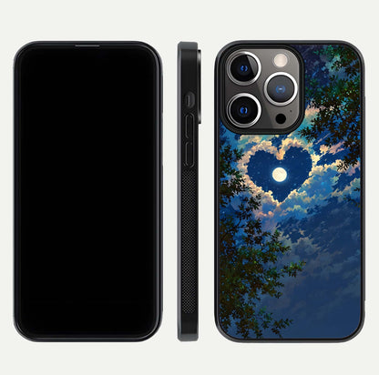 Heart with Moon Sky Glass Case for iPhone 13 Pro front and back view layout displaying celestial tones and curved glass