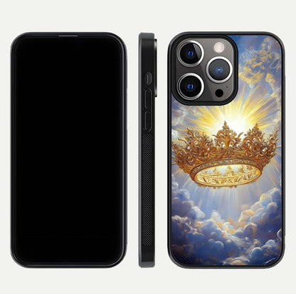 Heavenly Crown Light Glass Case for iPhone 13 Pro front and back view layout highlighting golden aura tones and curved glass edges