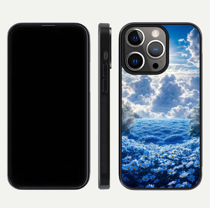 Heavenly Daisy Horizon Glass Case for iPhone 13 Pro front and back view layout highlighting floral field tones and curved edges