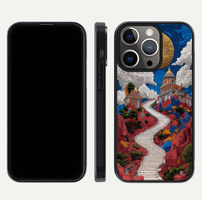 Heavenly Moon Path Glass Case for iPhone 13 Pro front and back view layout displaying night sky tones and curved glass edges