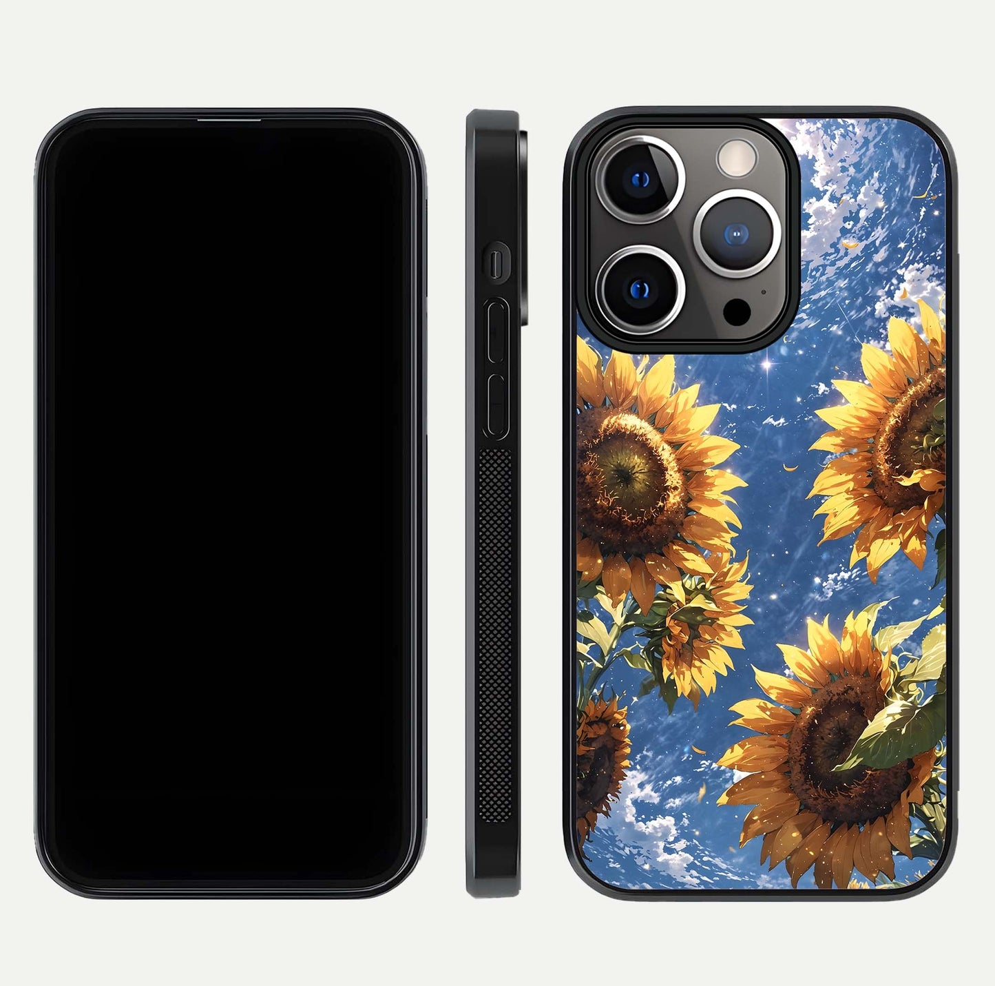 Heavenly Sunflower Rise Glass Case for iPhone 13 Pro front and back view layout highlighting golden floral tones and curved edges