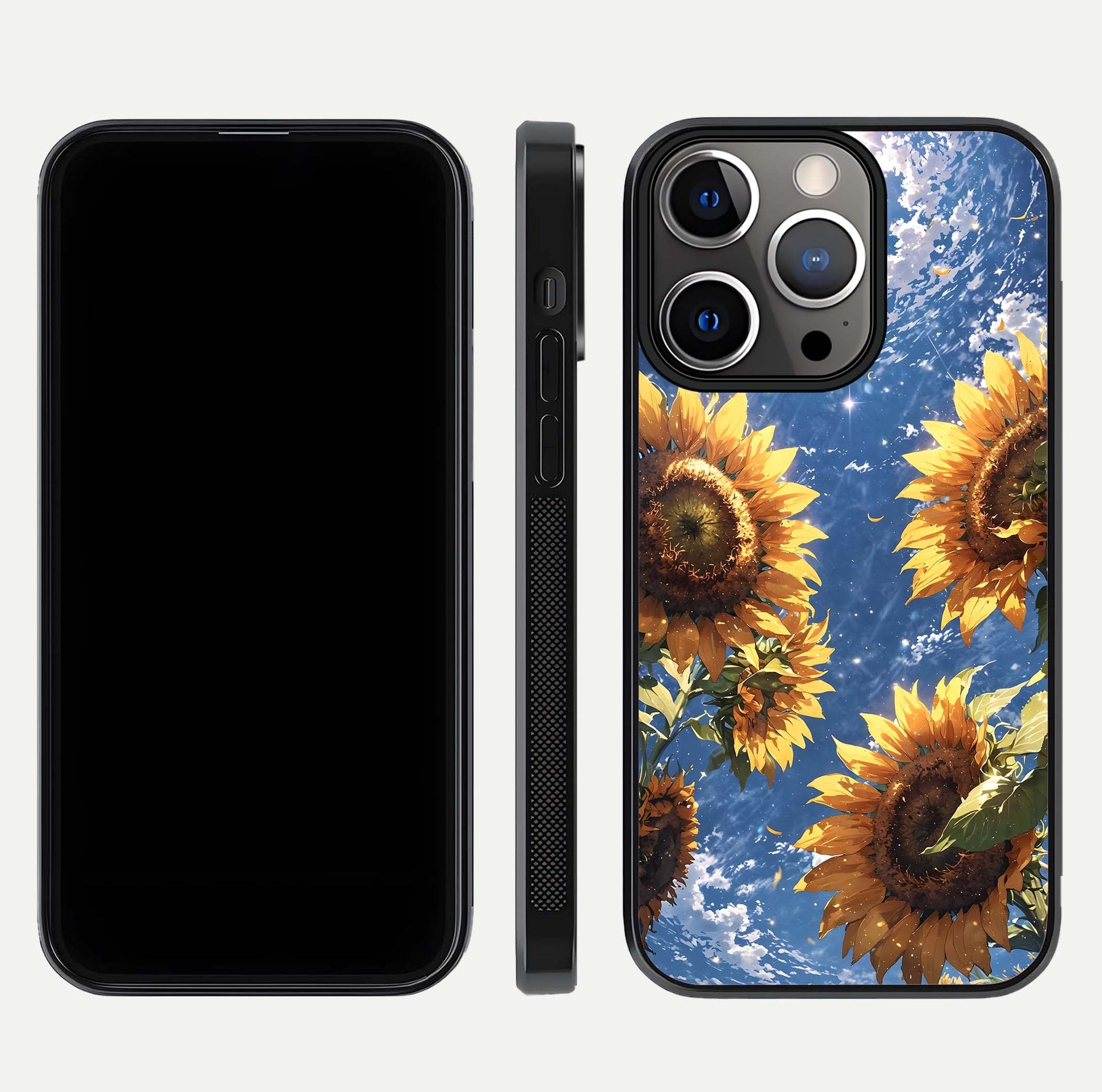 Heavenly Sunflower Rise Glass Case for iPhone 13 Pro front and back view layout highlighting golden floral tones and curved edges