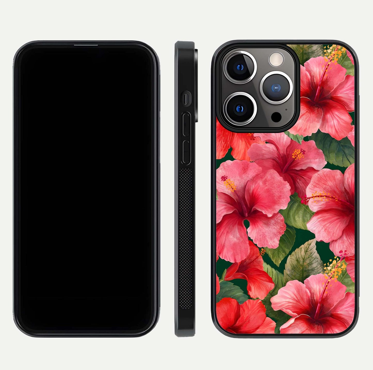 Hibiscus Pattern Glass Case for iPhone 13 Pro front and back view layout highlighting tropical design and curved glass edges