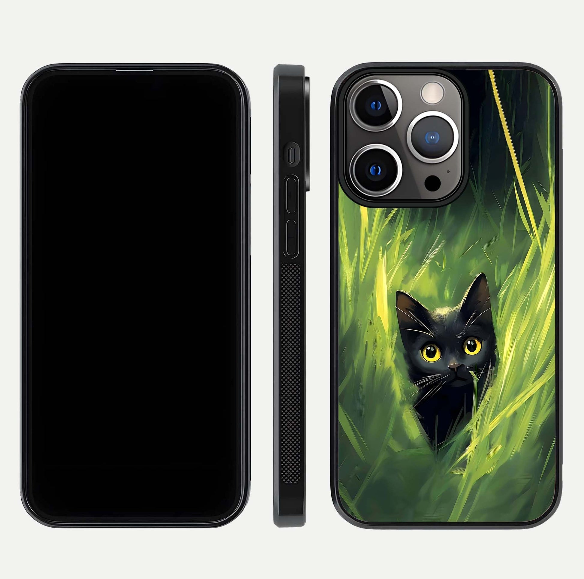 Hidden Cat Whisper Glass Case for iPhone 13 Pro front and back view layout highlighting minimalist art and curved edges