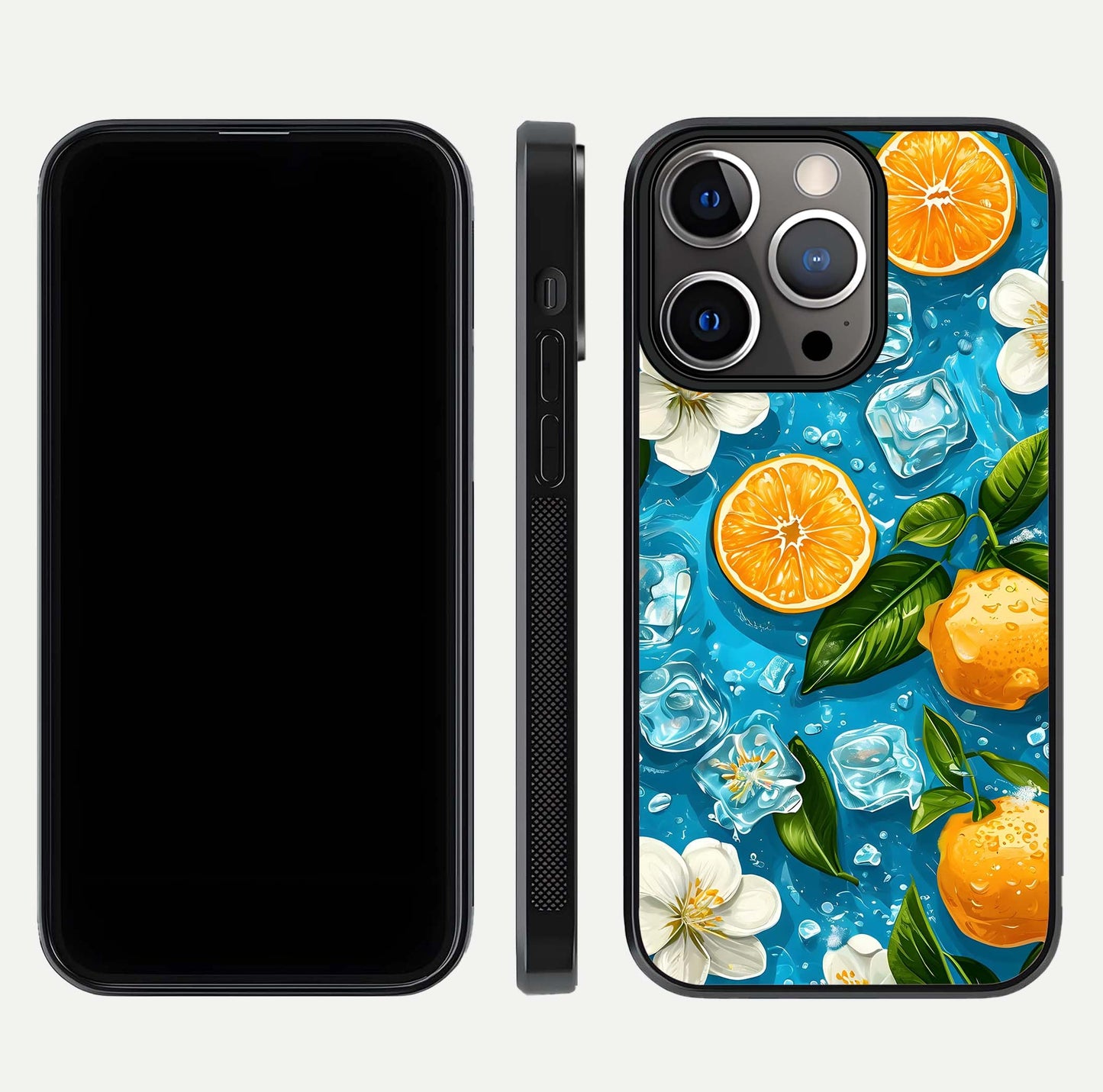 Ice Cube With Orange Glass Case for iPhone 13 Pro front and back view layout highlighting fresh orange tones and curved edges