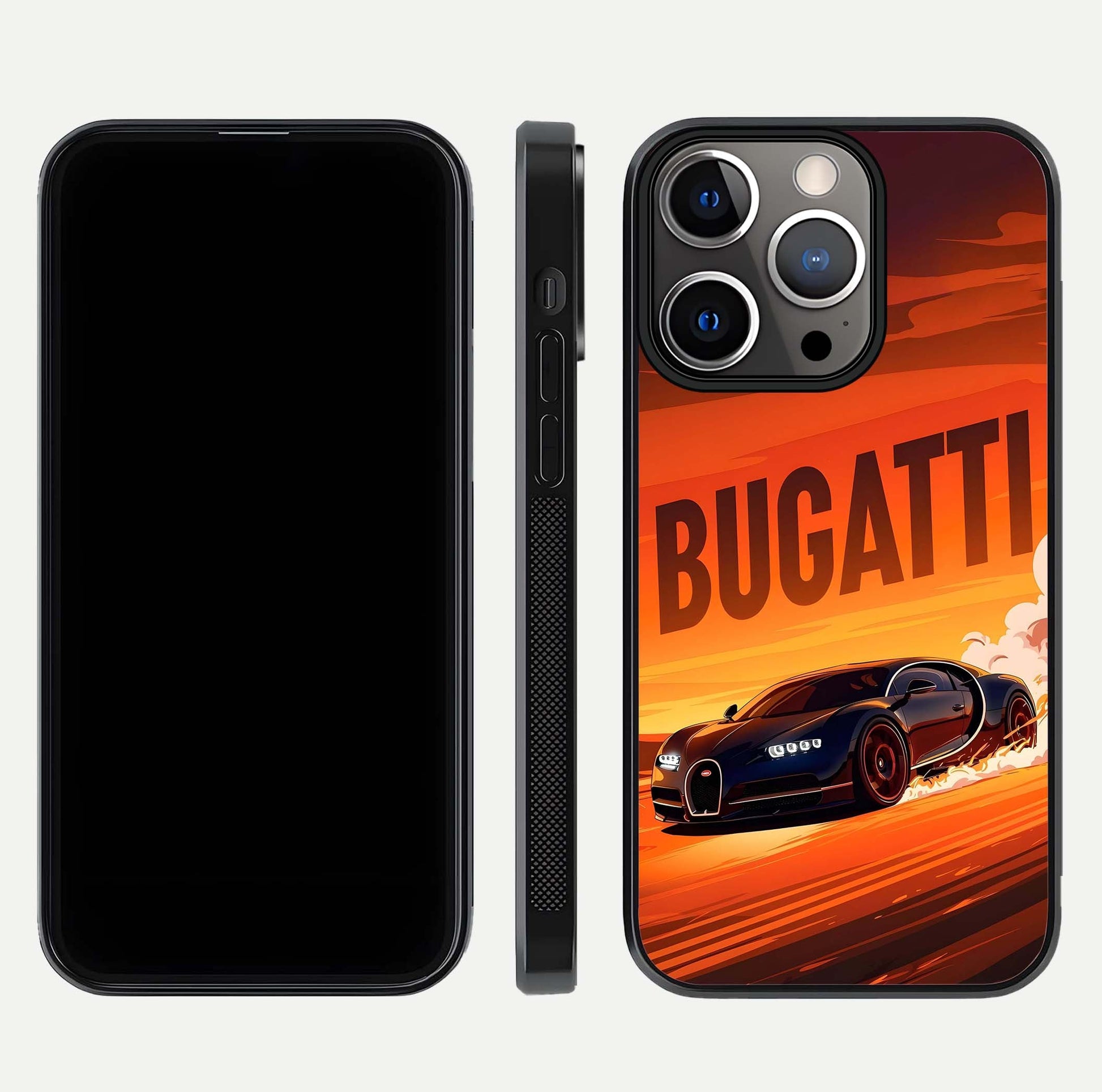 Inferno Bugatti Storm Glass Case for iPhone 13 Pro front and back view layout highlighting car silhouette and curved glass edge