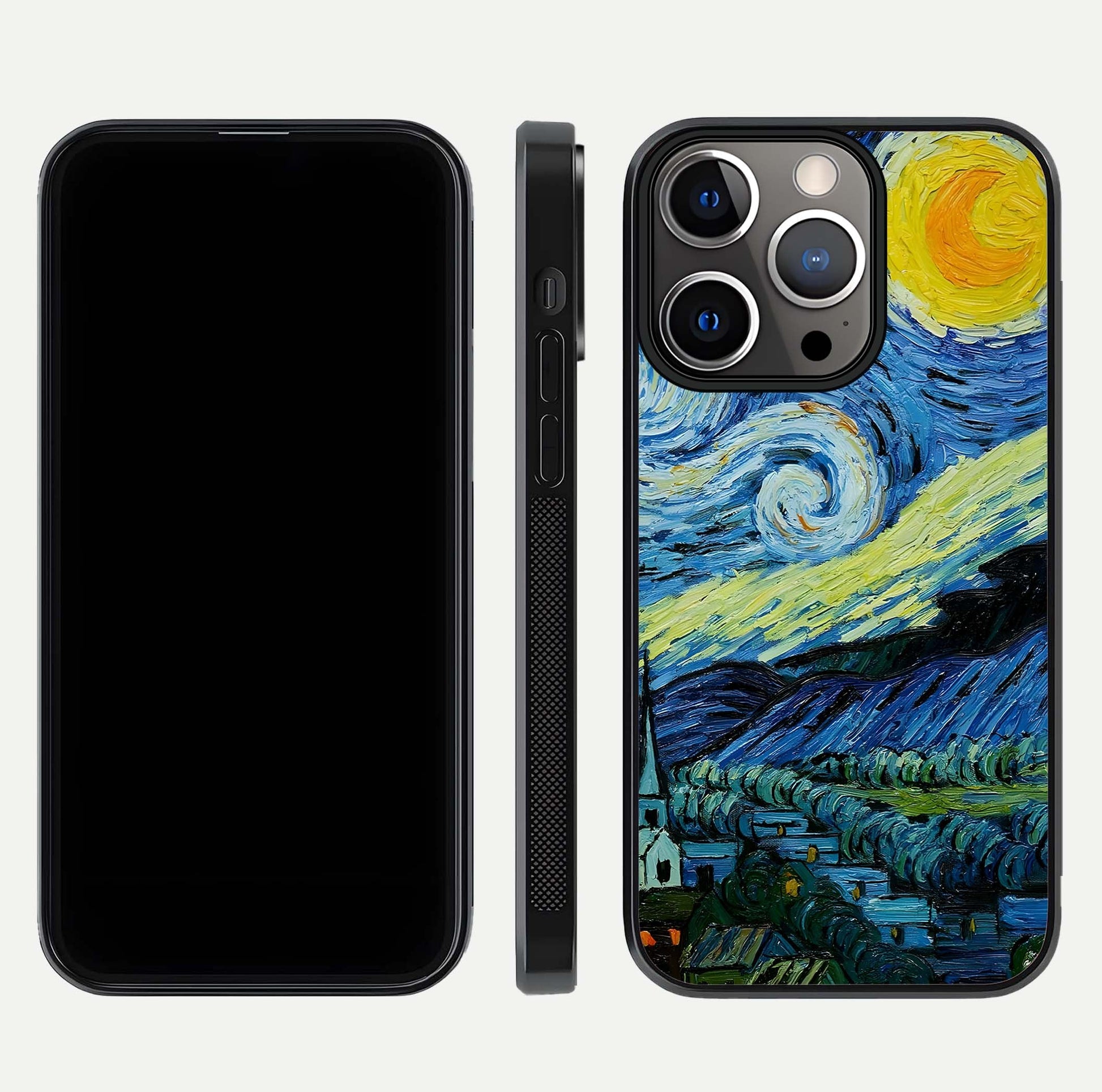 Inspired Van Gogh Art Glass Case for iPhone 13 Pro front and back view layout displaying vivid color tones and curved glass edges