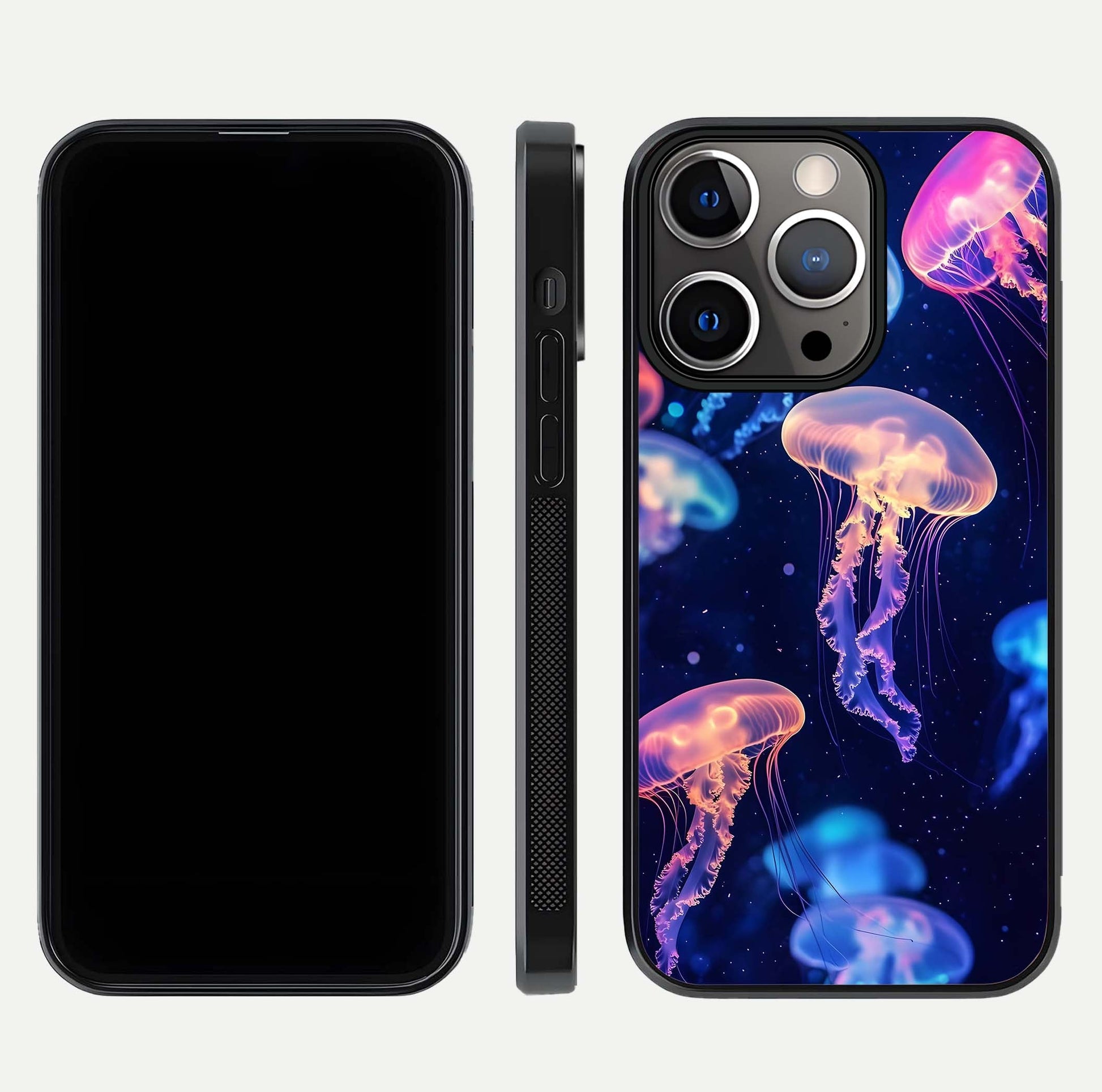 Jellyfish Pattern Glass Case for iPhone 13 Pro front and back view layout highlighting aquatic tones and curved edges