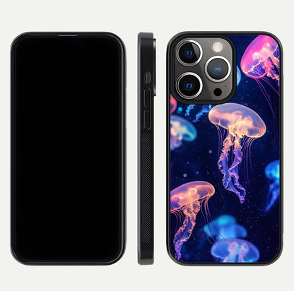 Jellyfish Pattern Glass Case for iPhone 13 Pro front and back view layout highlighting aquatic tones and curved edges