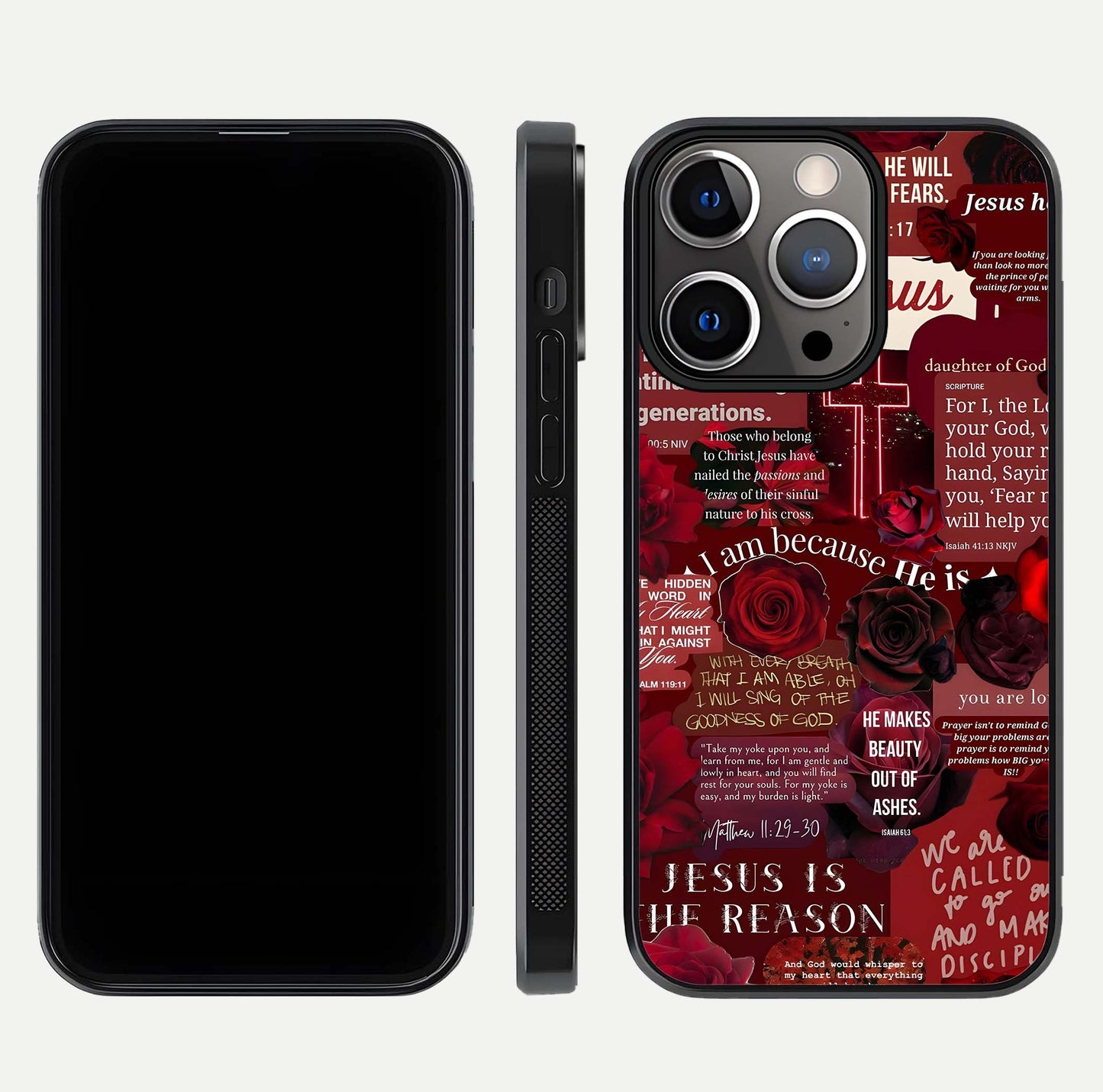 Jesus Love Heals Glass Case for iPhone 13 Pro front and back view layout with elegant typography and smooth edges